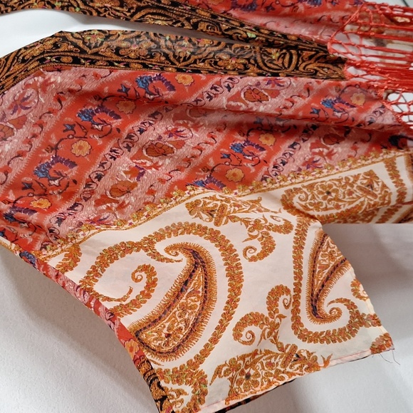 Entro Red Orange Paisley Print Hippie Bohemian Wide Sleeve Fringe Hem Kimono -M - Picture 5 of 12